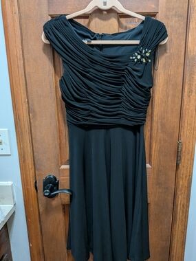 dressbarn Black Ruched Midi Dress with Brooch Accent